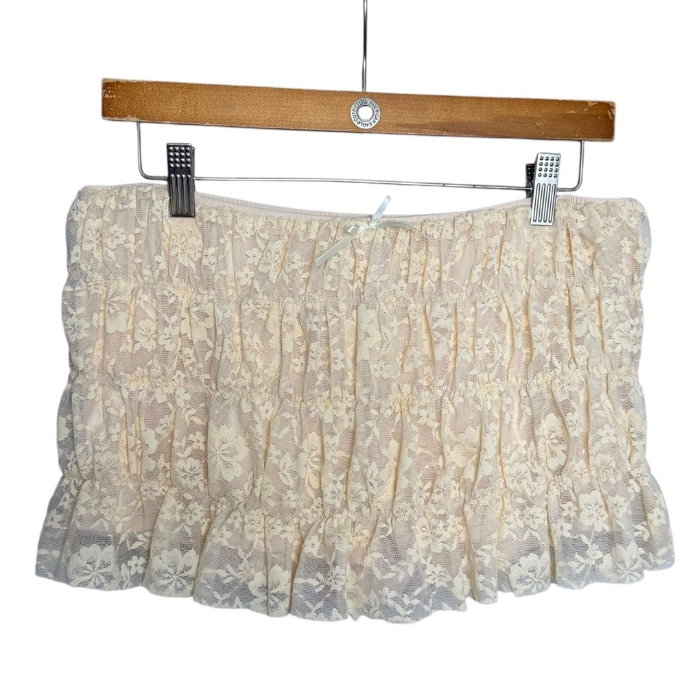 Feminine Romantic Coquette Lace Micro Mini Skort Hot Pants Skirt Cream L Bow